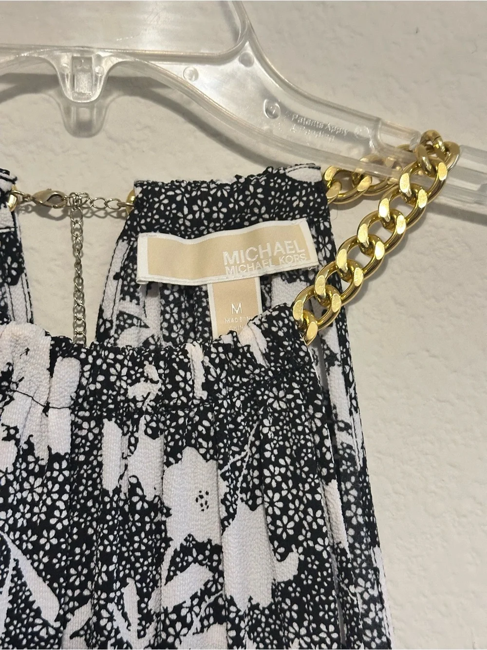 Michael Kors Black and White Floral Halter Midi Dress with Gold Chain